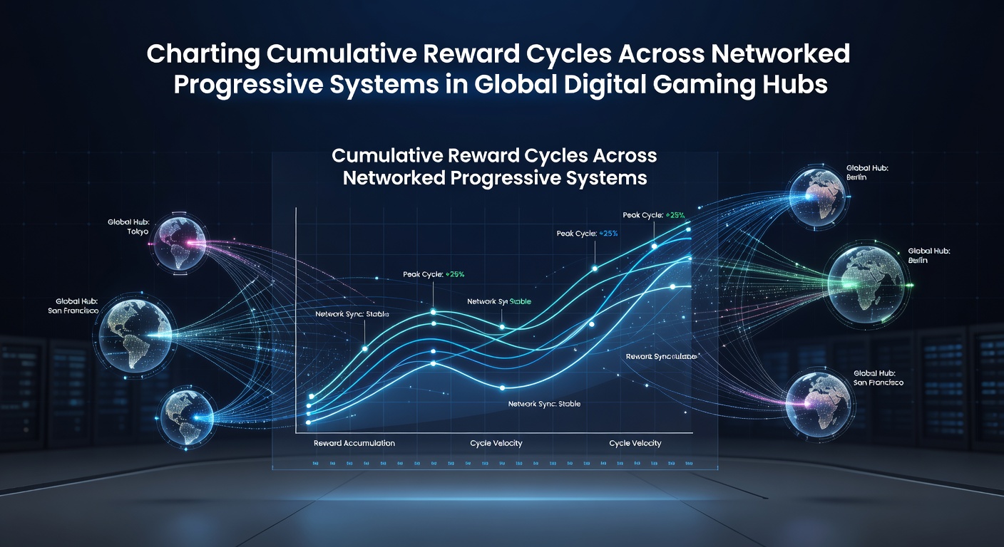 Networked progressive gaming systems displaying cumulative reward cycles across international digital hubs