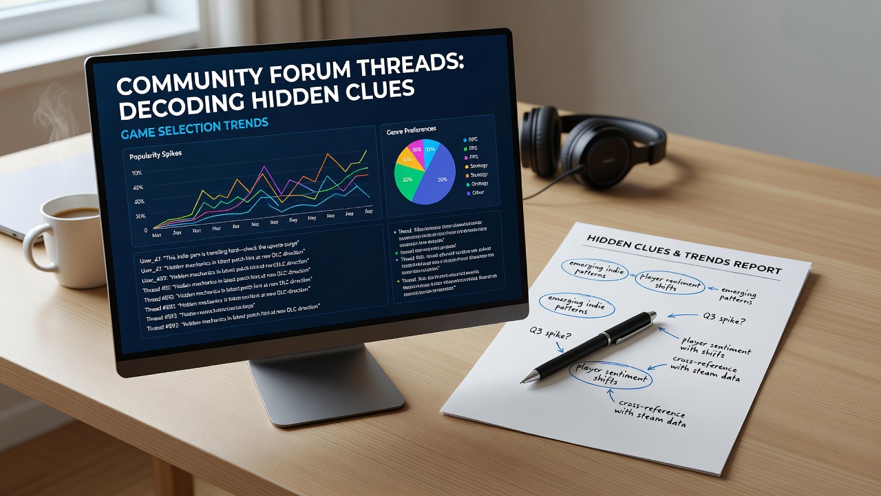Community forum threads displayed on multiple screens showing user discussions about game choices and trending titles