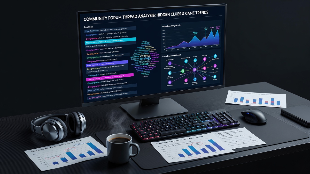 Detailed forum thread analysis with highlighted keywords and user engagement metrics overlaid on discussion screenshots