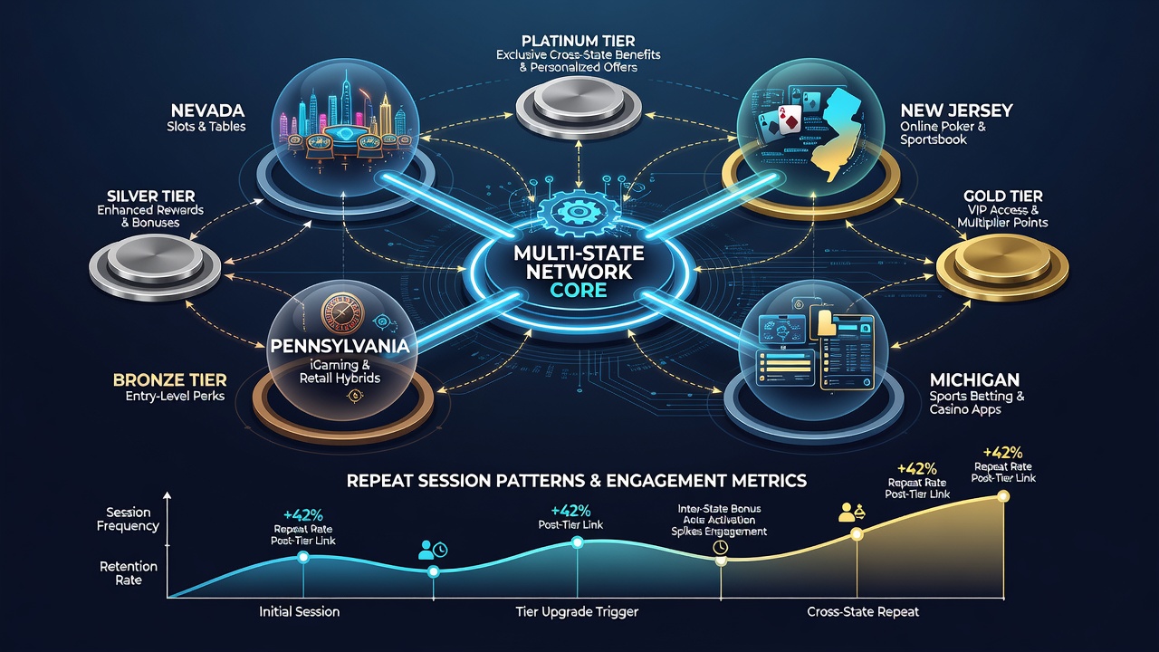 Data visualization of player session patterns linked to loyalty tier milestones in networked casinos