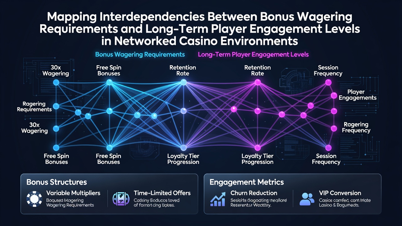 Network diagram showing connections between bonus wagering metrics and player retention patterns across casino platforms