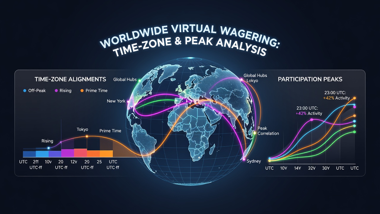 Global time zone map overlaid with virtual wagering participation heatmaps showing peak activity clusters across continents