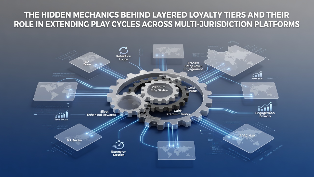 Diagram illustrating layered loyalty tier structures in multi-jurisdiction gaming platforms with progression arrows and reward icons